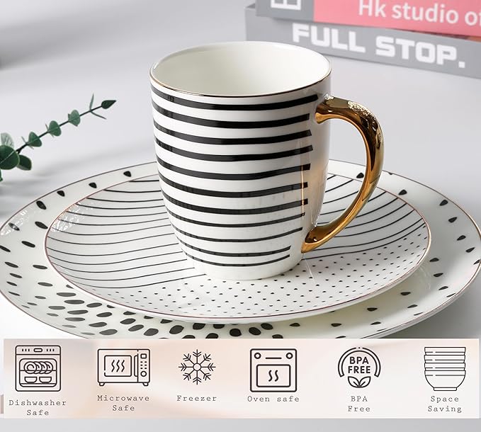 Plates and Bowls Sets for 4 16 piece Dinnerware Set Ceramic Plates and Bowls Set Round Dinner Set with Mugs Dishwasher Microwave Safe Dishware Sets Bone China Dinnerware Sets by KOKEN