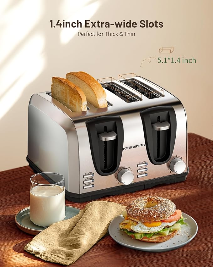 Toaster 4 Slice Keenstar Extra-Wide Slot Toaster with Dual Control Panels of Bagel/Defrost/Cancel Function 7 Toasting Bread Shade Settings Removable Crumb Trays Auto Pop-Up Stainless Steel