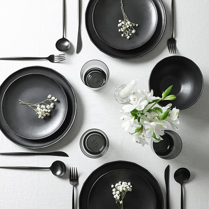 Stone Lain Rio Stoneware 16 Piece Dinnerware Set Plates and Bowls Sets Black Dish Set for 4 with Fluted Colored Glass Cups Microwave &amp Dishwasher Safe