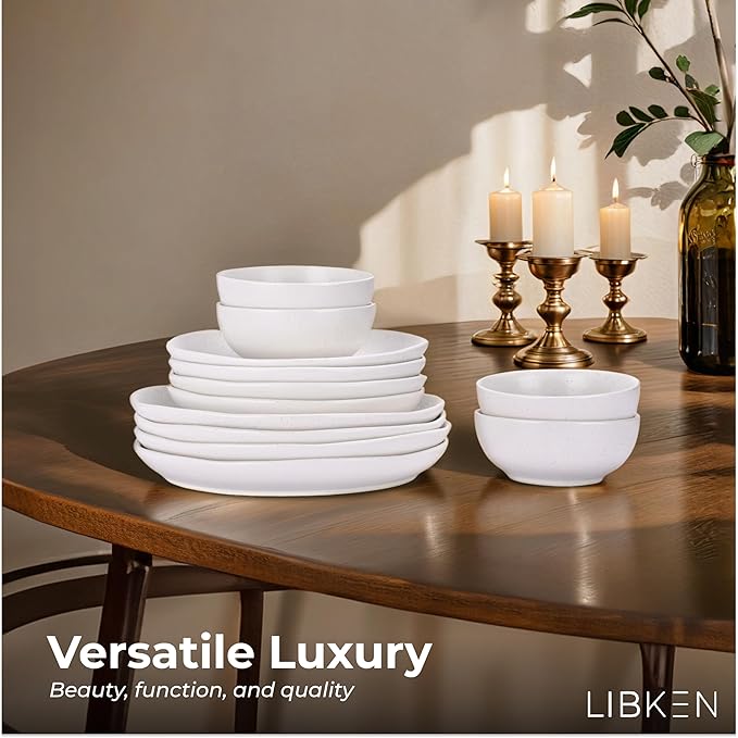 White Plates and Bowls Sets - Heavy Duty Ceramic for Fine and Casual - Elegant White Dinnerware Set for 12 with Unique Durable Design - Ideal for Home and Restaurant Use - Dish Set