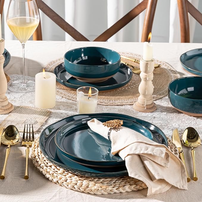 AmorArc Ceramic Dinnerware Sets for 4 12 Pieces Handpainted Plates and Bowls Set with Rustic Terracotta Underside Scratch Resistant Stoneware Dishes Set Dishwasher &amp Microwave Safe