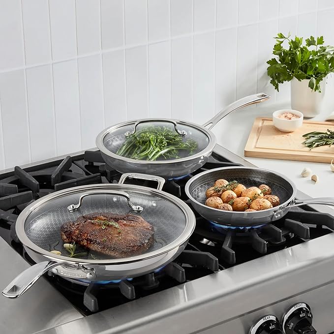 Cuisinart FusionPlus Hybrid Nonstick Stainless Steel Cookware Set 5-Piece Skillet Cooking Set with PFAS-Free PURELYSEAR Ceramic Non Stick Technology Scratch Proof Cool Grip Handles Dishwasher Safe