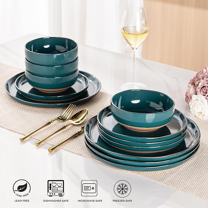 AmorArc Ceramic Dinnerware Sets for 4 12 Pieces Handpainted Plates and Bowls Set with Rustic Terracotta Underside Scratch Resistant Stoneware Dishes Set Dishwasher &amp Microwave Safe