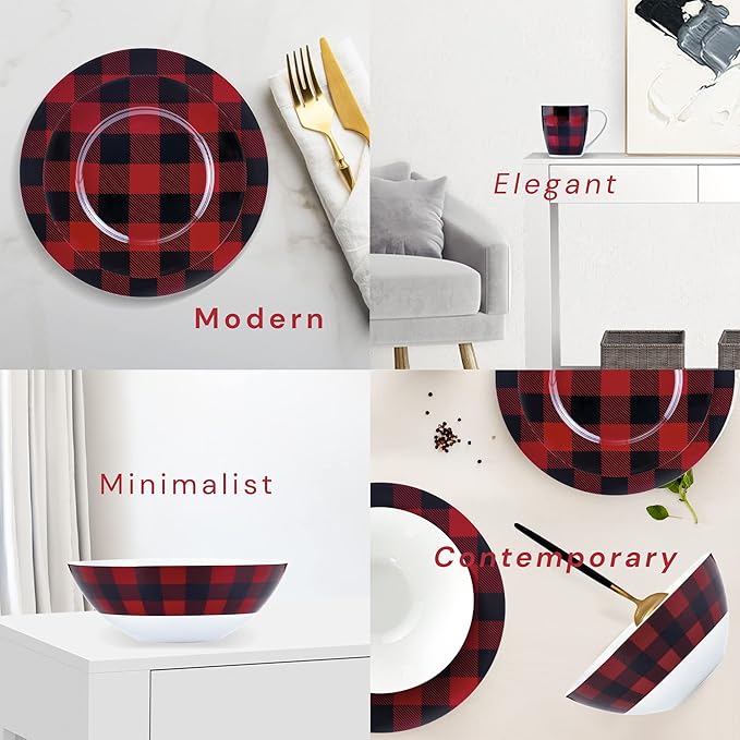 Safdie &amp Co. 16-Piece Red Black Plaid Dinnerware Set Porcelain Includes Bowls Plates and Mugs Dishwasher Safe