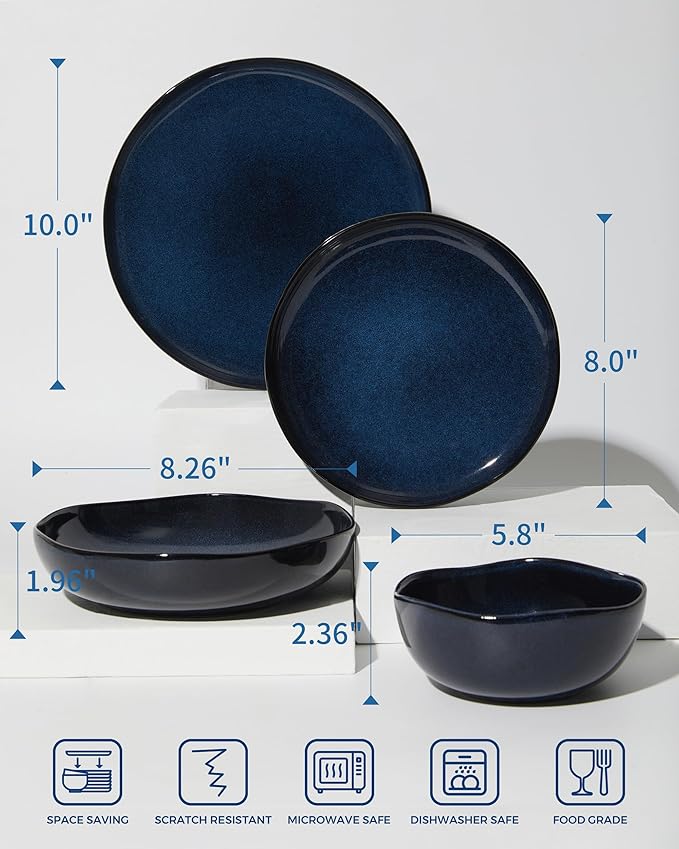 24 Pieces Dinnerware Set for 6 with Pasta Bowls Complete Ceramic Dish Set Stackable &amp Glossy Stoneware Plate and Bowl Set for Effortless Everyday Hosting Starry Blue
