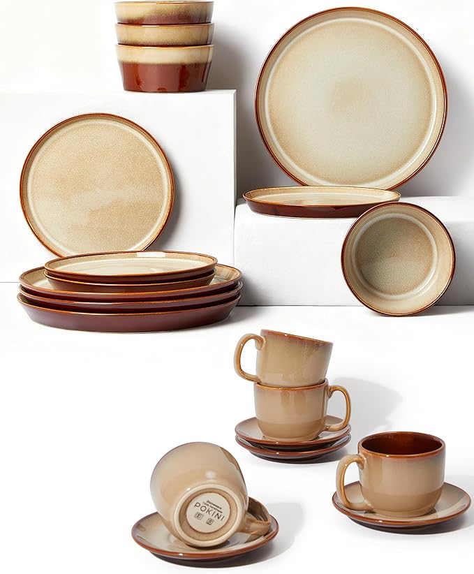 16 Pieces Dinnerware Sets with Coffee Cups with Saucers Brown Yellow