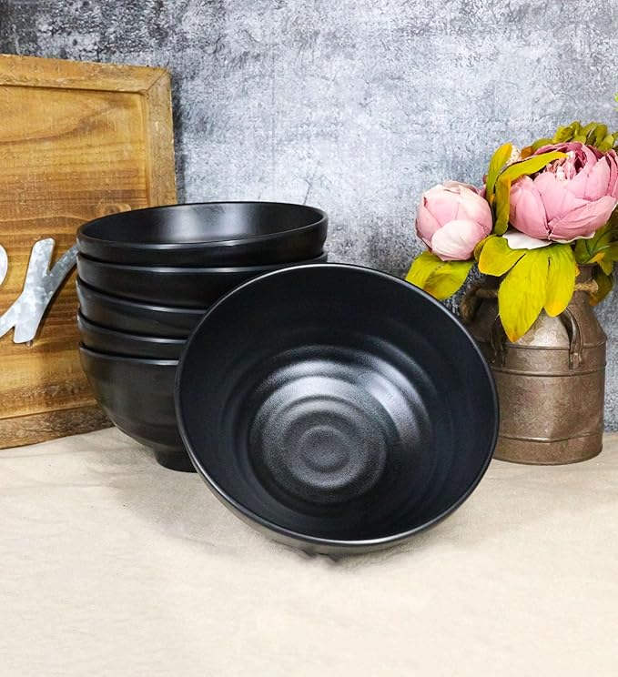 Ebros Gift Contemporary Ridged Matte Black Melamine Series Dinnerware Serveware Kitchenware Set Japanese Chinese Restaurant Supply (Pack Of 6 Round Deep Ramen Soup Pasta Salad Bowls 46oz)