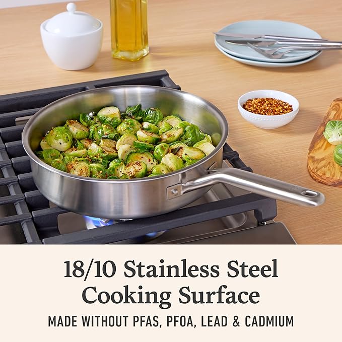 Calphalon Brushed 3-Ply Stainless Steel Cookware Set w/Turbo Heat Tech 3Qt Sauté Pan with Lid Induction Oven Safe 450F Brushed Stainless Silver