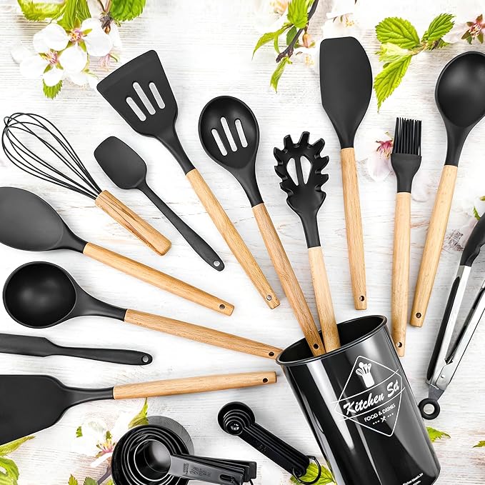 BlingKingdom Premium Silicone Cooking Utensil Set 24-Piece Non-stick Kitchen Cooking Utensils with Wooden Handle 446°F Heat Resistant Silicone Kitchen Utensil Tool for Nonstick Cookware - Black