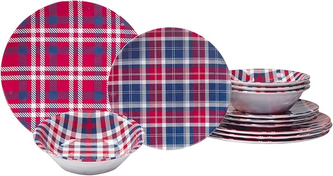 Certified International Patriotic Plaid 12 Piece Melamine Dinnerware Set Service For 4