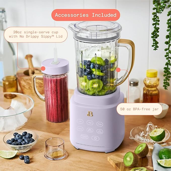 B PowerExact High-Performance 700-Watt Blender by Drew Barrymore 50-Ounce Pitcher Stainless 4-Tip Blade 3 Speeds + 4 Presets Dishwasher-Safe Parts Travel Cup Included (Lavender)