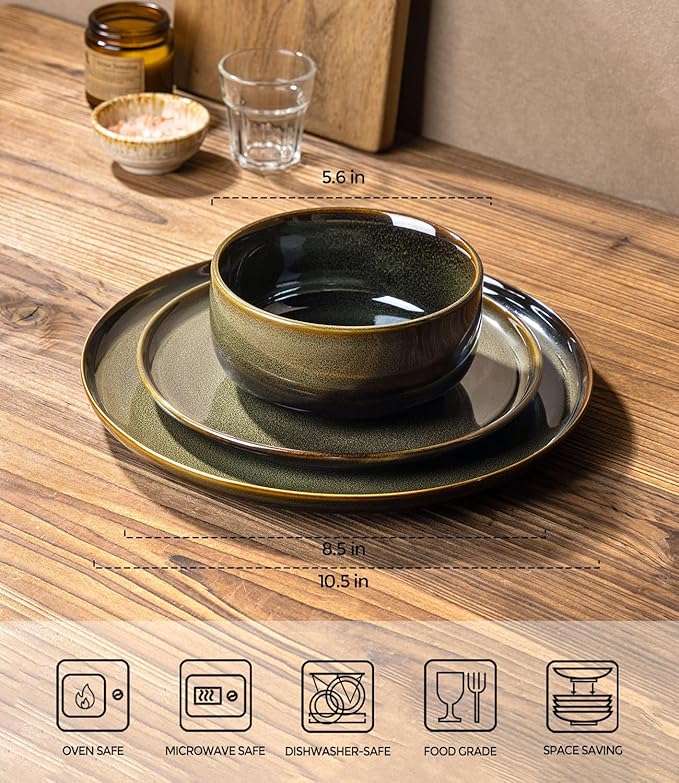 TheTerra Ceramic Dinnerware Sets for 8 24 Pieces Handmade Reactive Glaze Plates and Bowls Set Scratch Resistant Dish Set Oven &amp Microwave &amp Dishwasher Safe Olive Green