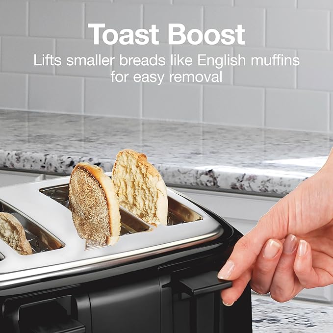 Proctor Silex 4 Slice Toaster with Extra Wide Slots for Bagels Cool-Touch Walls Shade Selector With 7 Browning Levels Toast Boost Auto Shut-off and Cancel Button Black (24215PS)