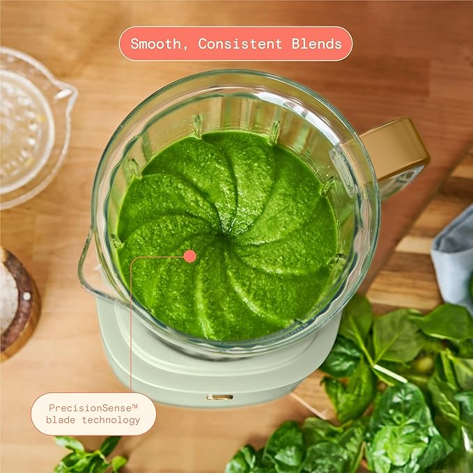 B PowerExact High-Performance 700-Watt Blender by Drew Barrymore 50-Ounce Pitcher Stainless 4-Tip Blade 3 Speeds + 4 Presets Dishwasher-Safe Parts Travel Cup Included (Sage Green)