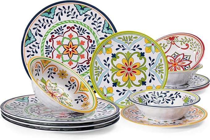 12 pcs Talavera Melamine Dinnerware Set Service for 4 Melamine Plates and Bowls Set Unbreakable Dishes Dinnerware Set Great for RVs Camping BPA Free and Dishwasher Safe