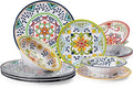 12 pcs Talavera Melamine Dinnerware Set Service for 4 Melamine Plates and Bowls Set Unbreakable Dishes Dinnerware Set Great for RVs Camping BPA Free and Dishwasher Safe