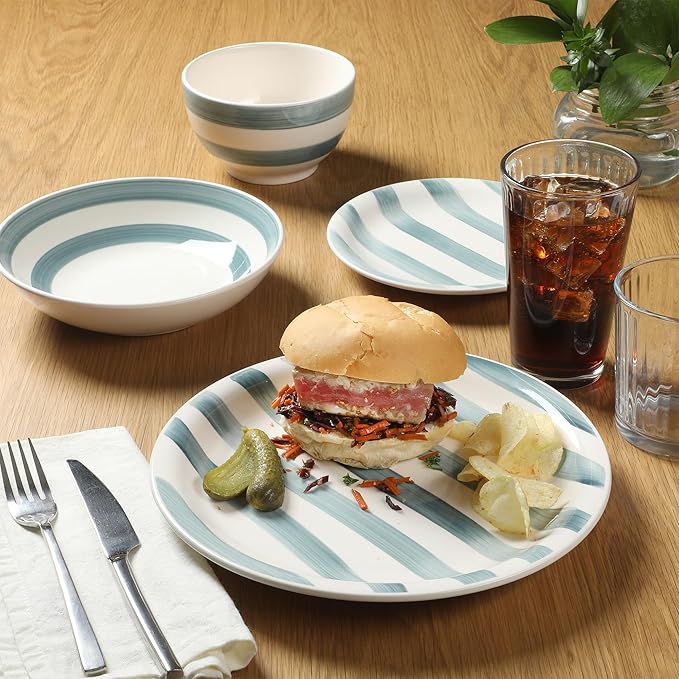 Gibson Home Kenwood Shores 16 Piece Dinnerware Set Blue Striped Hand-Painted Stoneware Dishes Plates and Bowls Service for 4 Microwave &amp Dishwasher Safe