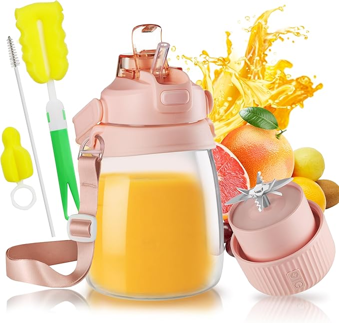 1100ml Portable Juicer with 10-Blade Turbo Juicing USB-C Fast Charging 12+ Cups per Charge Juice Glass with Sip Lid &amp Carrying Strap for Travel &amp office &amp Gym. Not for Ice Crushing. (Pr