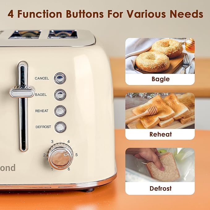 Roter Mond Toaster 4 Slice Retro Stainless Steel with Extra Wide Slots Bagel Defrost Reheat Function Dual Independent Control Panel Removable Crumb Tray 6 Browning Levels Cream White