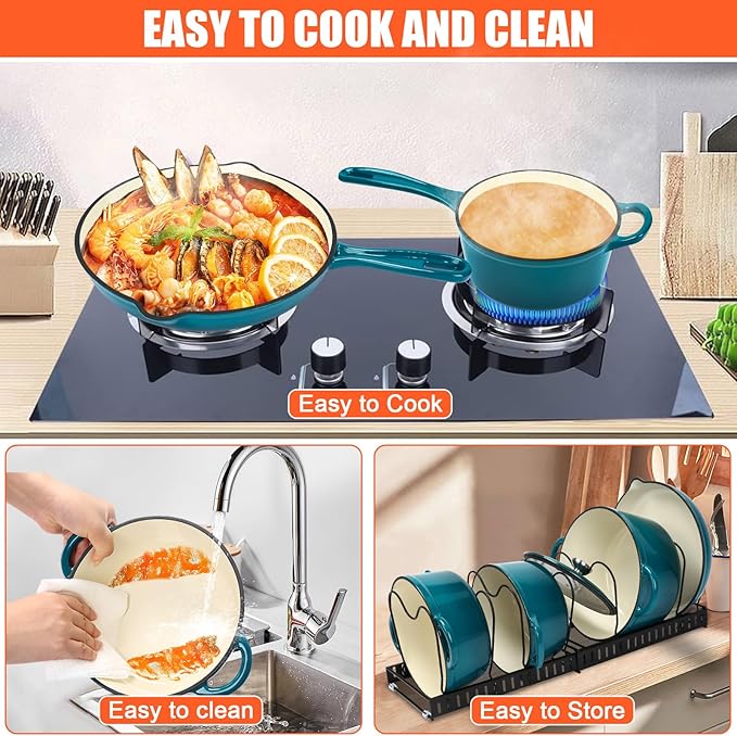QuliMetal Nonstick Enameled Cast Iron Cookware Set 7Pcs Pots and Pans with Lid Frying Pan Skillet Saucepan Healthy Dutch Oven for Sourdough Bread Baking Oven Safe up to 500° F or on All Stovetop
