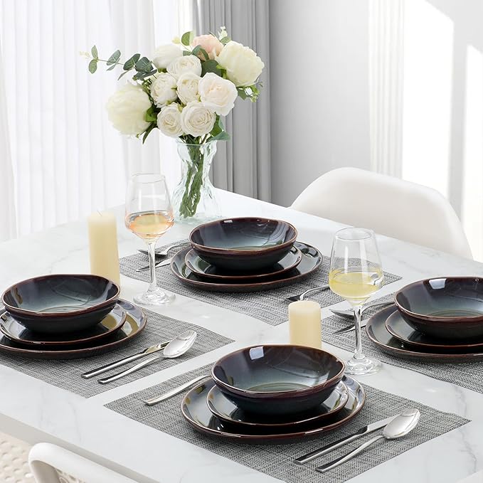 Vesteel Dinnerware Set for 4 12 Pieces Premium Stoneware Plates and Bowls Set Handmade Reactive Glaze Dishes for Home Chip &amp Scratch Resistant Microwave and Dishwasher Safe - Forest Green