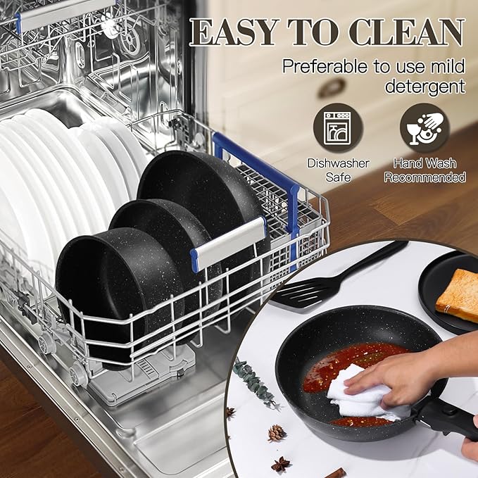Vesteel 12Pcs Pots and Pans Set Nonstick Cookware Set with Detachable Handle and Egg Frying Pan Stackable RV Kitchen Cooking Utensils Set Black