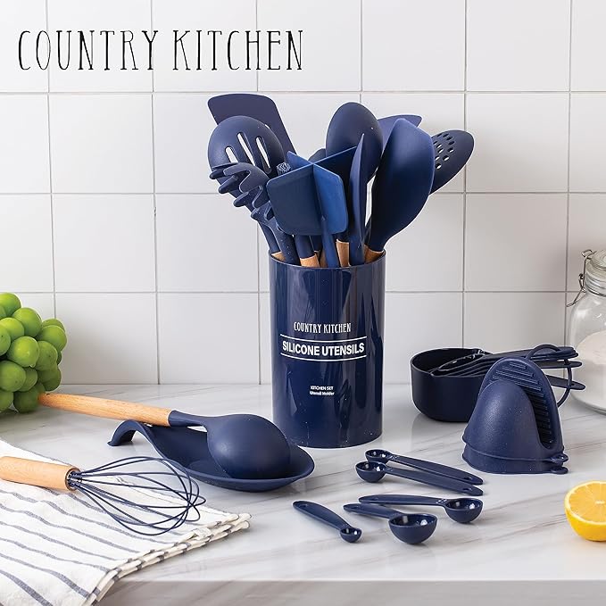 Country Kitchen Diamond Cookware and Utensils Set Bundle- 7 Piece Cast Aluminum Cookware Set with Pots and Pand=s and 38 piece Cooking Utensils Set with Holder and Gadgets (Navy)