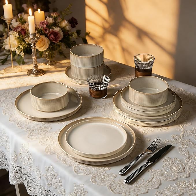 Stoneware Dinnerware Sets Plates and Bowls Sets for 4 12-Piece Ribbed Dishes – Chip &amp Scratch Resistant Microwave and Dishwasher Safe Tableware Beige