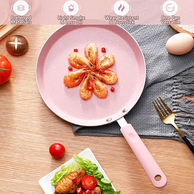 JUSTUP Nonstick Frying Pan Set3 Piece Pots and Pans Set NonstickPink Kitchen Cookware Sets with Non Stick Pan Coating10 Inch8 Inch and 6 Inch Non Stick Cooking Set Suitable for All Stoves (Pink)