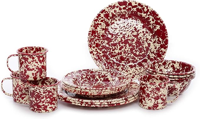 Enamelware Starter Set 16 piece Burgundy/Cream Splatter