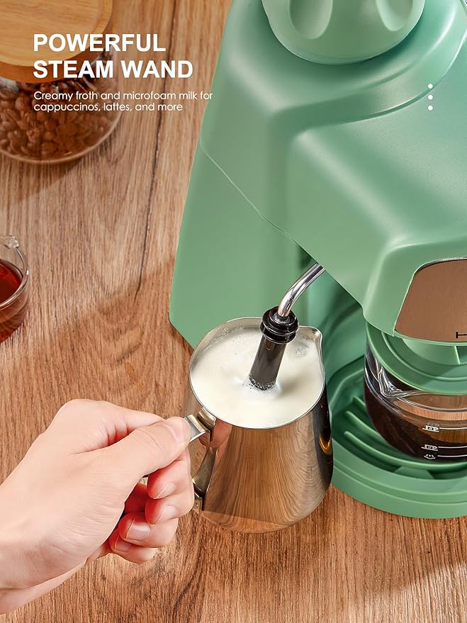Espresso Machine 3.5Bar Espresso and Cappuccino Machine with Preheating Function 4 Cup Coffee Maker with Milk Frothing Function and Steam Wand (Green) CM6810