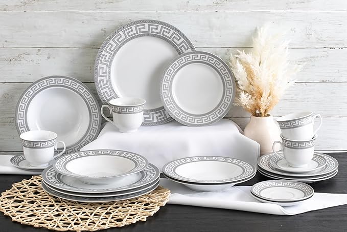 Dinnerware Set for 4 - Silver on White Fine Porcelain 20 piece Tableware Setting for Every Day and Formal Occasions with Cups and Saucers