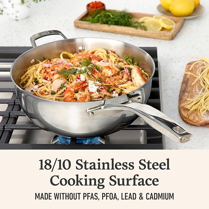 Calphalon Premier Polished 5-Ply Stainless Steel Cookware Set w/Turbo Heat Tech 4.5Qt Chef's Pan with Lid Induction Oven Safe 500F PFOA Free Polished Stainless Silver