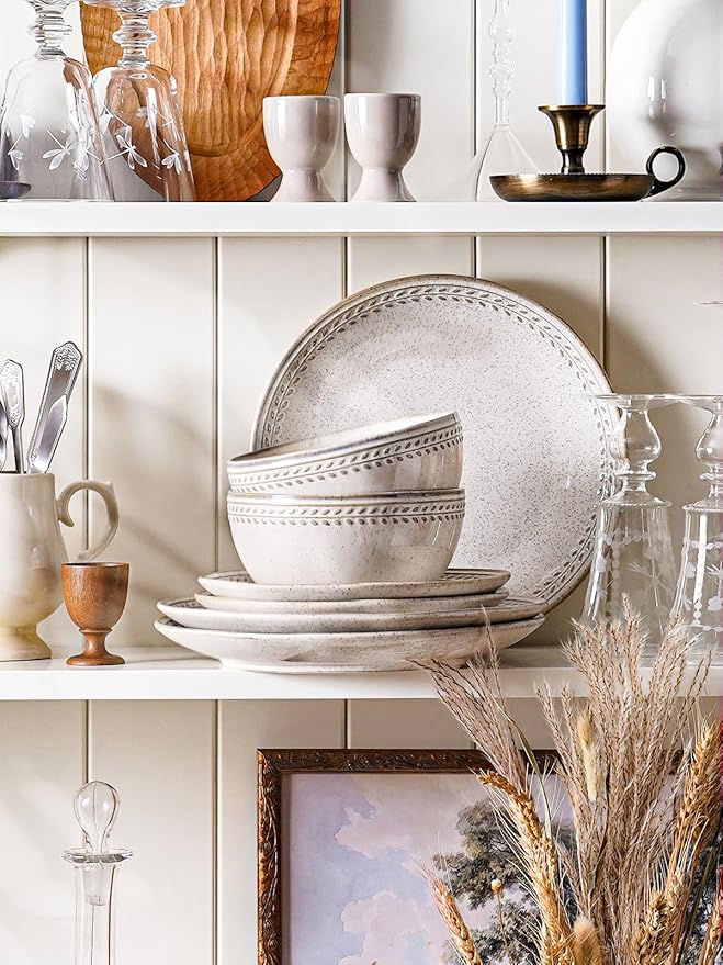 LE TAUCI Dinnerware Sets for 6 18 Piece Ceramic Dish Set with Plates and Bowls | Oven/Dishwasher/Microwave Safe | Ideal for Housewarming | Reactive Beige (10 Plate+8 Dish+27oz Bowl)
