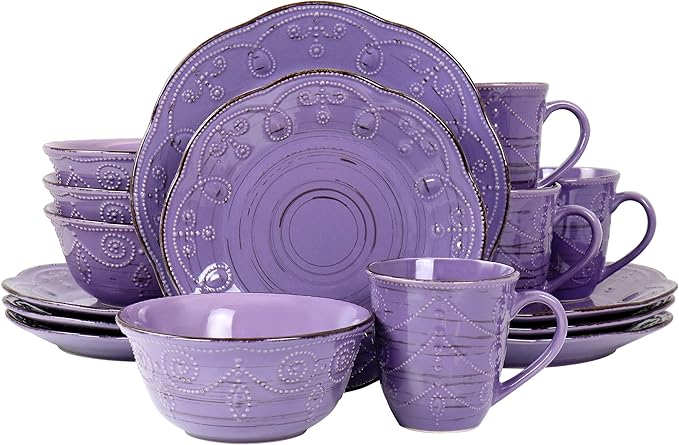 Elama Rustic Birch 16 Piece Stoneware Dinnerware Set in Purple Purple with Brown Accents (EL-RUSTICBIRCH)