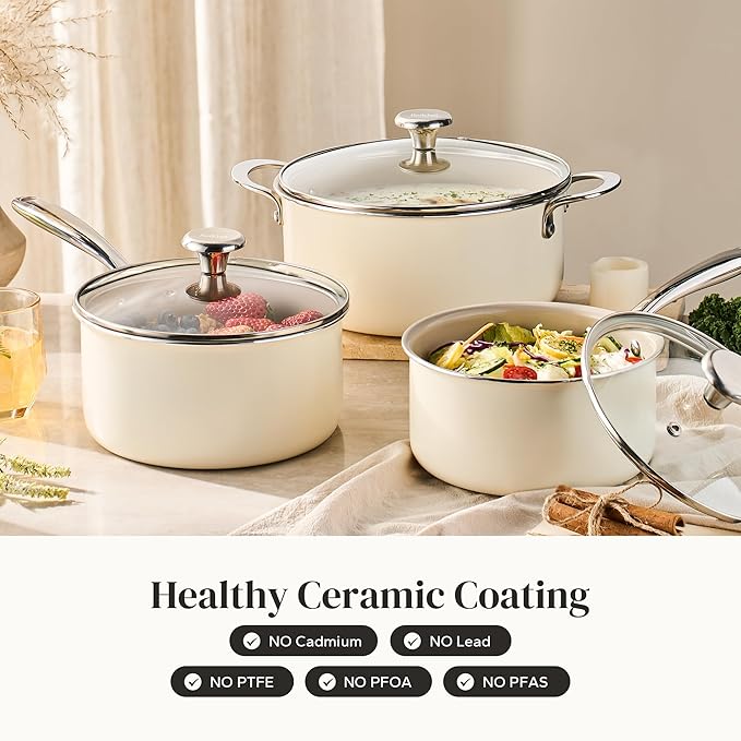 Redchef Cooking Pot Set Induction 5Qt Saucepan Set 2.5/3.5Qt Nonstick Ceramic Cookware Set Compatible All Cooktops Even Heat Stay-Cool Handles Oven/Dishwasher Safe PTFE PFAS Free (Beige)