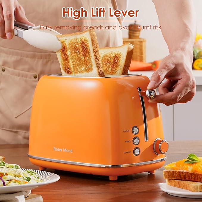 Roter Mond 2 Slice Toaster Retro Stainless Steel with Bagel Cancel and Defrost Functions 6 Bread Shade Settings Extra Wide Slots and Removable Crumb Tray Orange