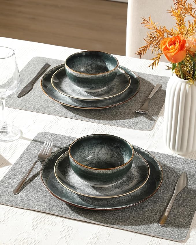 Sweejar Dinnerware Sets Service for 4 12 pcs Porcelain Plates and Bowls for Kitchen Housewaring Gift Chip and Scratch Resistant Dish Set Handmade Dishwasher and Microwave Safe Plate Set DarkGray