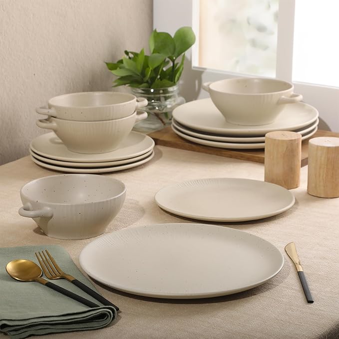 Gibson Elite Clover Hill 12-Piece Stoneware Dinnerware Set – White Cream Embossed Plates and Bowls with Matte Speckled Reactive Glaze Service for 4 – Microwave &amp Dishwasher Safe
