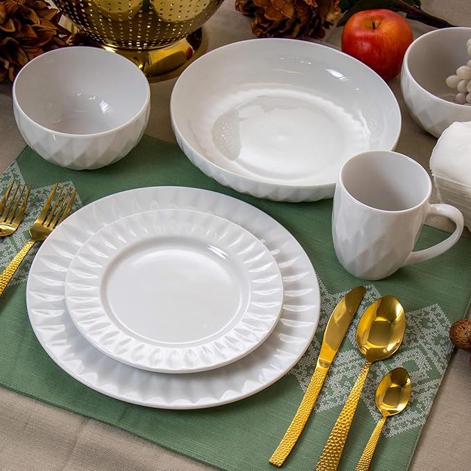 18 Piece White Porcelain Dinnerware Set with Cups and Serving Bowls – Diamond Pattern Plates and Bowls Service for 4 Microwave &amp Dishwasher Safe