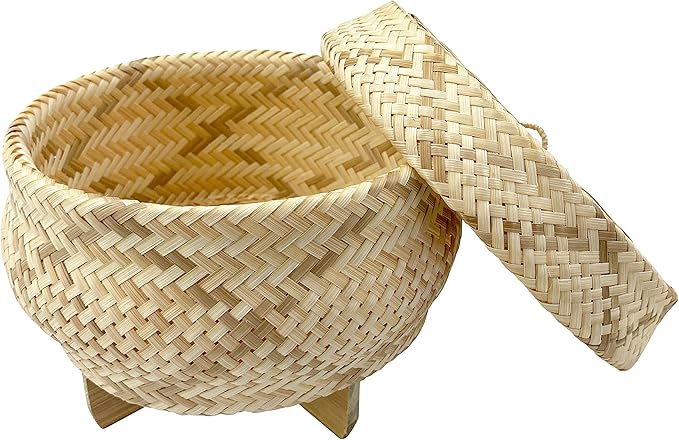 Handmade 100% Natural Thai Bamboo Sticky Rice “Electric Cooker Steamer Set” Small Pot Insert ~ 6.5 Inch Checkered Wicker Woven Lid 16’’ Cheesecloth Filter and Wooden Spoon