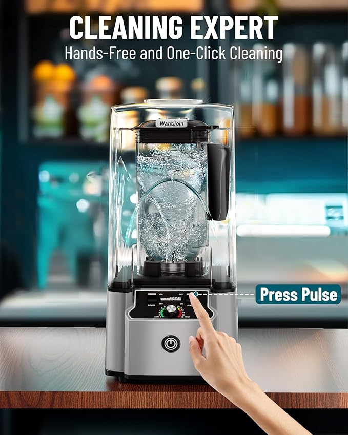 WantJoin Commercial Professional Blender With Shield Quiet Sound Enclosure 2200W Industries Strong and Quiet Professional-Grade Power Self-Cleaning Silver
