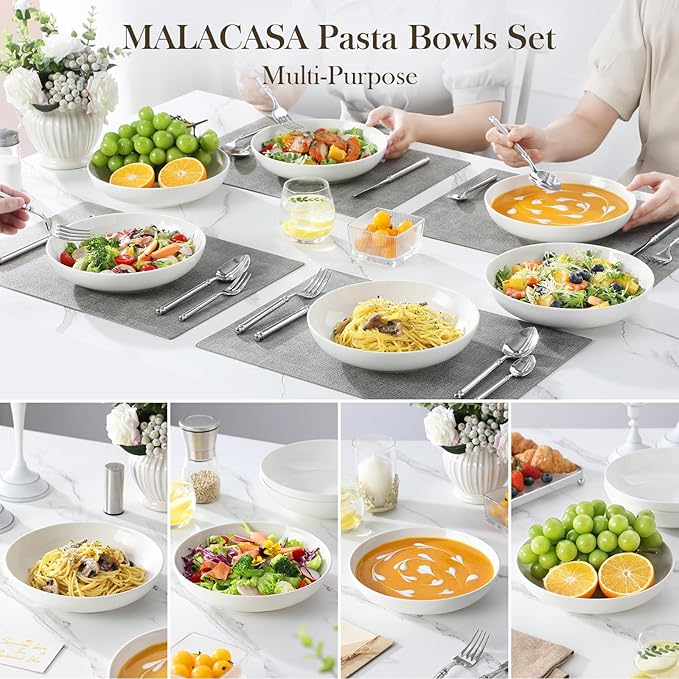 MALACASA 18 Pieces Porcelain Dinnerware Set Bundles 8.85 Large Pasta Bowls Set of 6