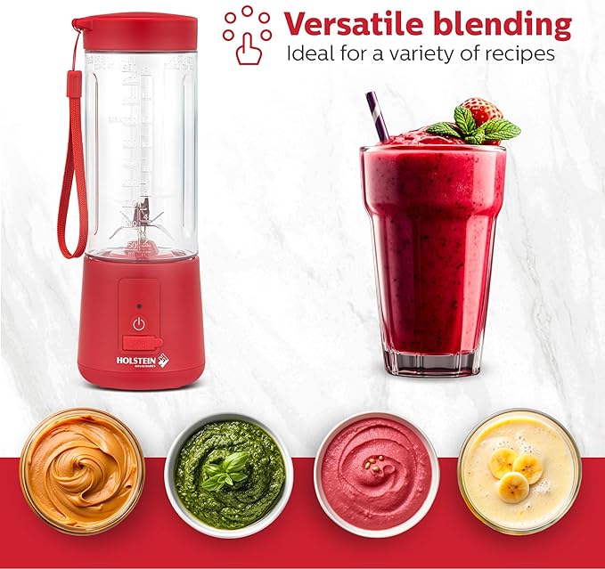 Holstein Housewares - USB Portable Blender 16oz Personal Smoothie &amp Shake Maker with Rechargeable Battery Type-C Fast Charging Spill-Free Lid &amp Indicator Light - Red