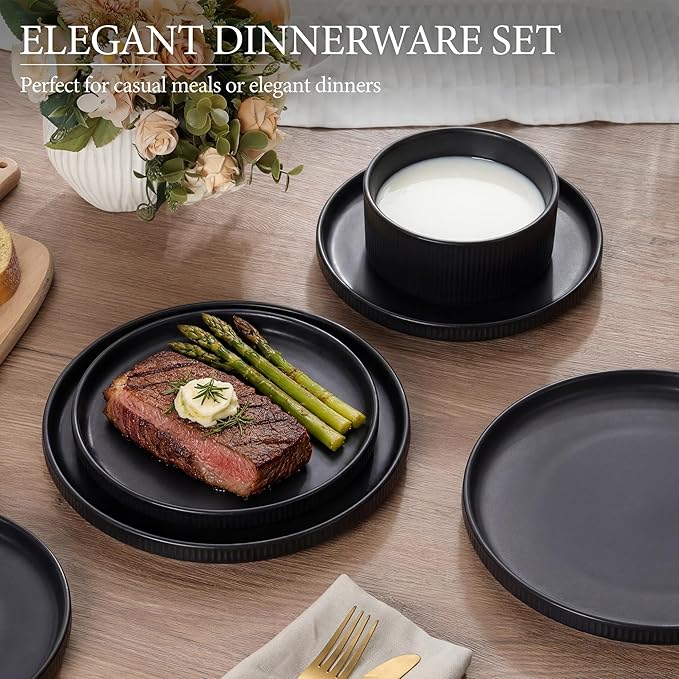 E-far 24-Piece Stoneware Dinnerware Sets Plates and Bowls Sets for 8 Kitchen Dinning Porcelain Ribbed Dishes Set Chip &amp Scratch Resistant Dishwasher &amp Microwave Safe Matte Black