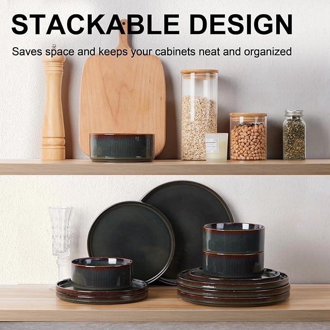 Vesteel Dinnerware Set for 4 12-Piece Stoneware Ribbed Dishes with Reactive Glaze Ceramic Plates and Bowls Set for Home Restaurant Chip &amp Scratch Resistant - Blackish Green
