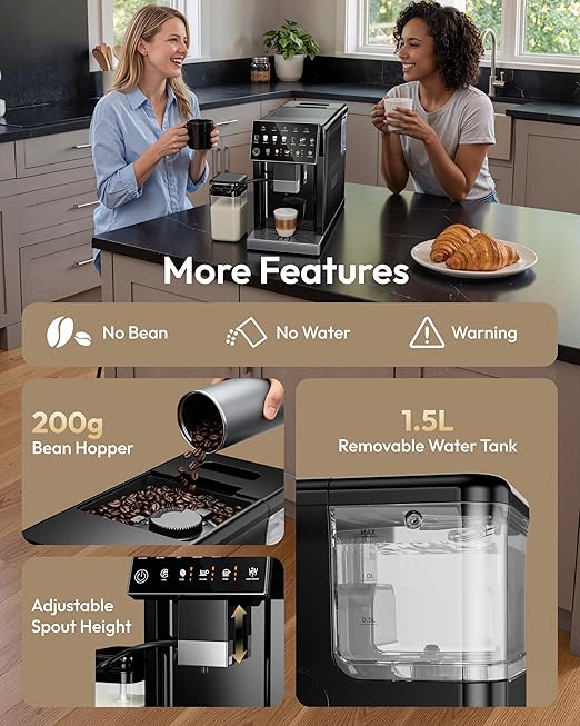 Automatic Espresso Machine 20 Bar Coffee Maker with Grinder Built in Milk Frother 15-Grind Settings Fully Automatic Espresso Machine with Touch Screen Auto Self-Cleaning for Cappuccino &amp Latte