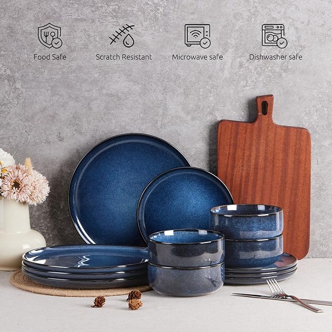 E-far 18-Piece Plates and Bowls Set Dinnerware Sets for 6 Reactive Glaze Stoneware Dishes Dinning Ware Microwave &amp Dishwasher Safe - Deep Sea Blue