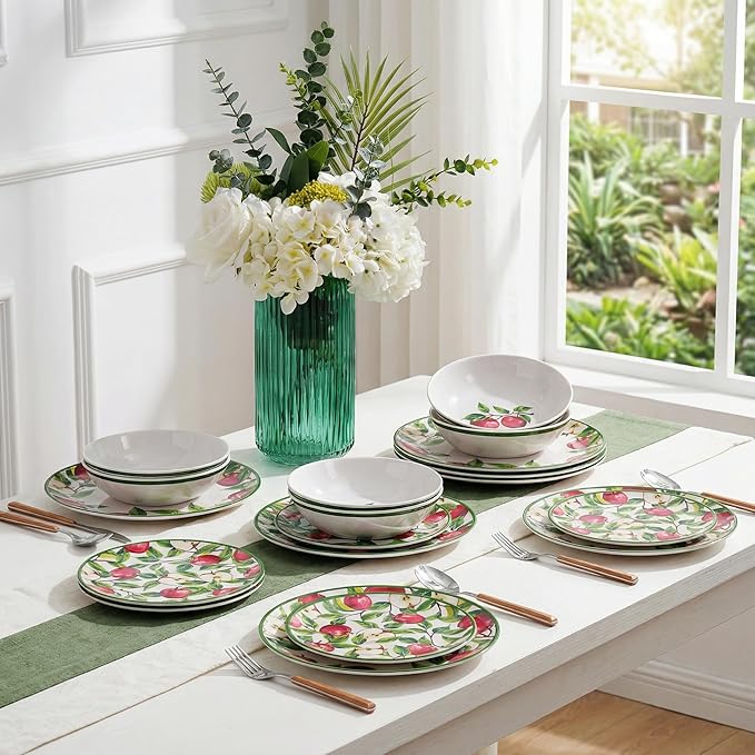 Melamine Dinnerware Set for 4 Apple Plates and Bowls Set 12pcs Melamine Dish Set with Green Edge Elegant Kitchen Dishes Lightweight Tableware for Picnic Camping RV Dishwasher Safe