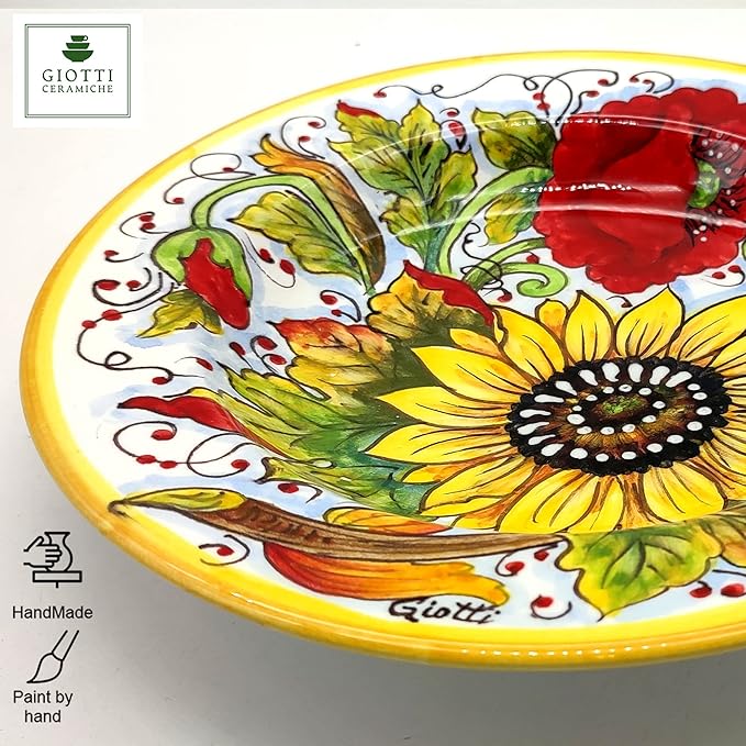 Italian Ceramic dinnerware set - Hand Painted kitchen Pasta Bowls sets for 4 - Made in ITALY Tuscany - Italian Pottery dinner plates - Home Decor Sunflower Poppies Ceramics dishes set - Service For 4